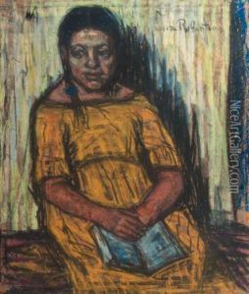 Rachel - A Seated Girl In A Yellow Dress Oil Painting - Suze Robertson