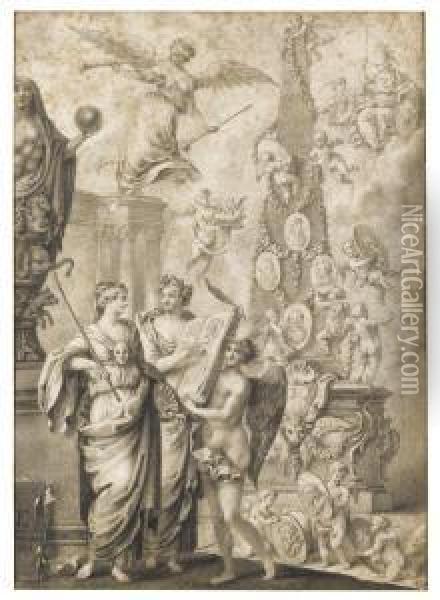 Frontispiece Design With Allegorical Figures Of The Arts Andportraits Of The Great Artists Oil Painting - Ignace Jacques Parrocel