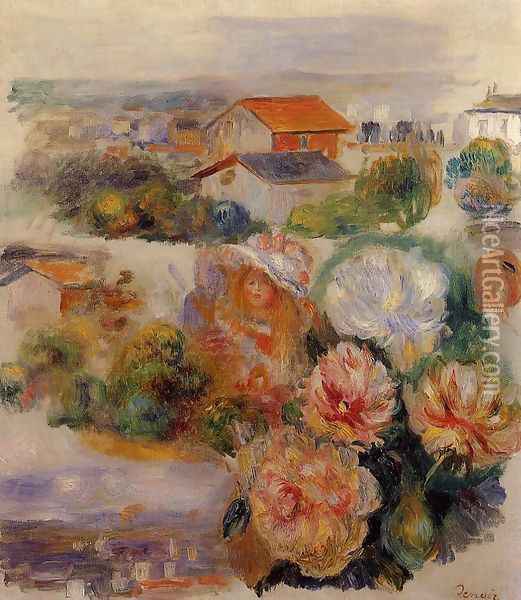 Landscape, Flowers and Little Girl Oil Painting - Pierre Auguste Renoir