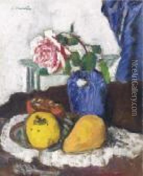 Fruit And Pink Rose In A Blue Vase Oil Painting - George Leslie Hunter