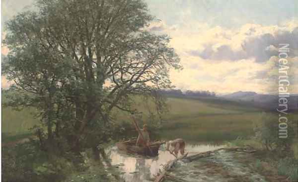 Meadow scene at Carrie Bridge, near Blairgowrie Oil Painting - David Farquharson
