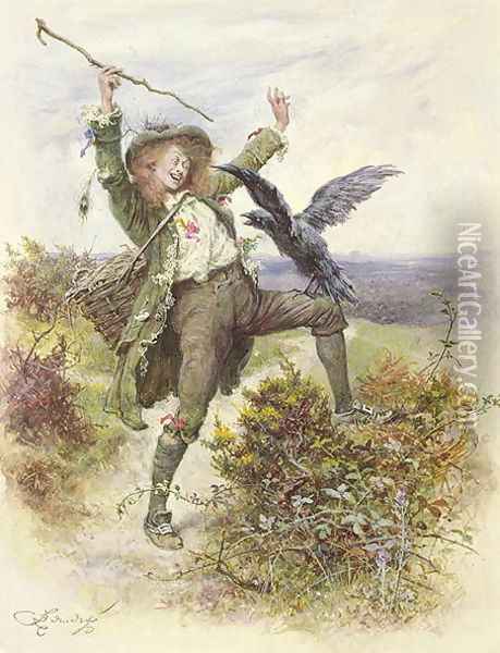 Barnaby Rudge and the Raven Grip Oil Painting - Frederick Barnard