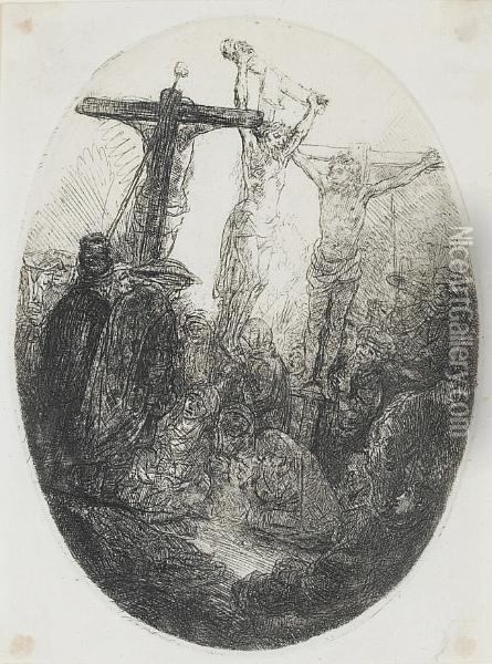 Christ Crucified, An Oval Plate (bartsch 79) Oil Painting - Rembrandt Van Rijn