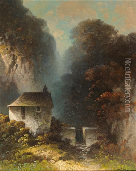 Autumnal Landscape With Chapel Oil Painting - Oskar Mulley