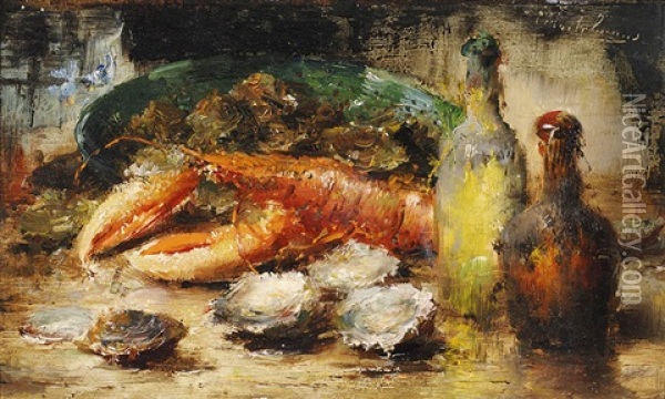 Still Life With A Lobster, Oysters And Wine Bottles Oil Painting - Frans Mortelmans