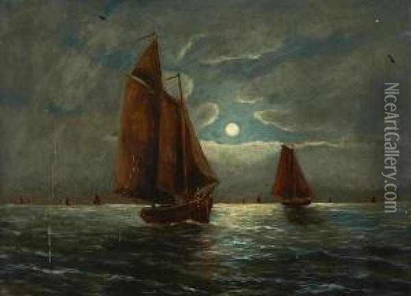 Boats In The Moonlight Oil Painting - Wesley Elbridge Webber