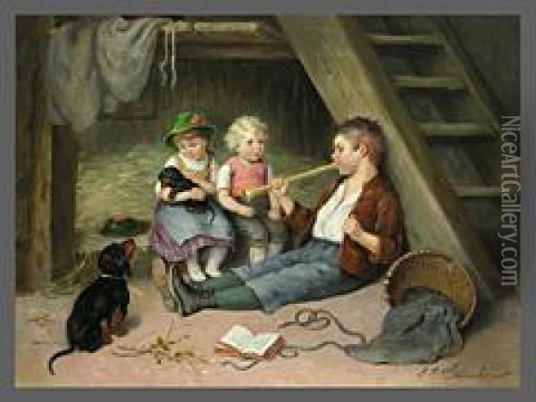 Kinder Mit Dackel Auf Dem Dachboden Oil Painting - Sophie Sperlich