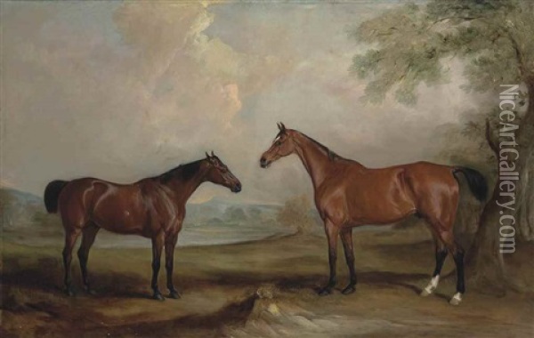 Two Bay Hunters In An Extensive Landscape Oil Painting - John E. Ferneley