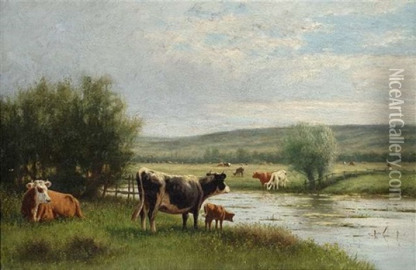 Drinking Time (weite Landschaft Mit Kuhen Am Flussufer) Oil Painting - William Frederick Hulk