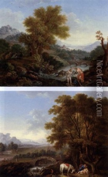 Le Bapteme Du Christ Dans Un Paysage Boise (+ Le Bon Samaritain Dans Un Paysage Boise; Pair) Oil Painting - Albert Meyeringh