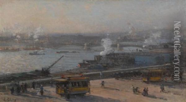 View Of The Port Of Rouen Oil Painting - Jean Eugene Clary