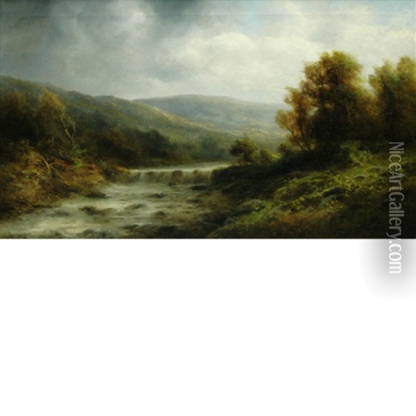 Landscape With Falls And Rapids, Cloudy Day Oil Painting - Thomas Bailey Griffin