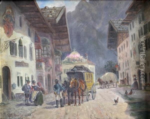 Dorfstrase Mit Rastender Postkutsche Vor Einem Gasthaus Oil Painting - Ludwig Mueller-Cornelius