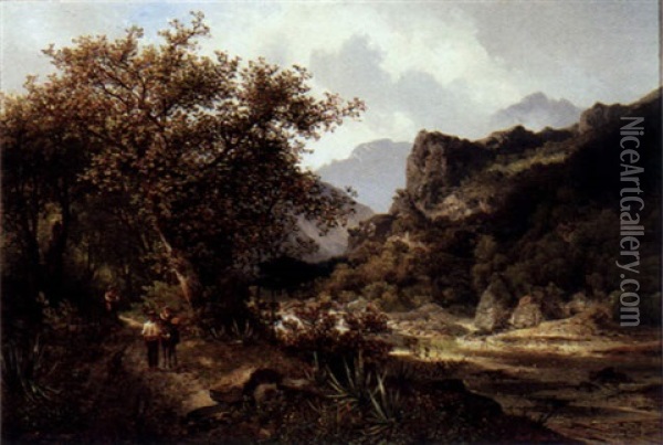 A River Landscape With Travellers On A Path In The Foreground Oil Painting - Carl Hasch