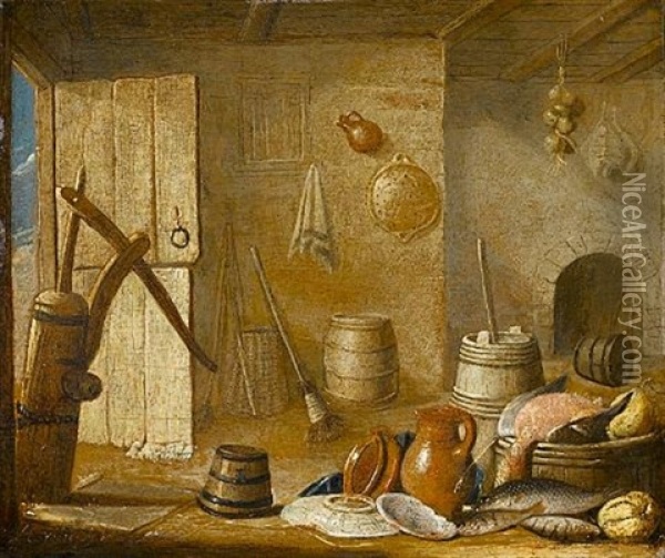 A Kitchen Interior With Dead Fish, An Earthenware Jug And Dishes Before A Fireplace Oil Painting - Harmen Steenwyck