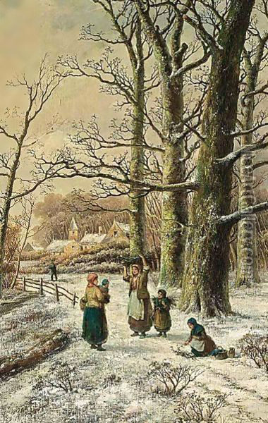 Woodgatherers In A Winter Forest Oil Painting - Hendrik Barend Koekkoek