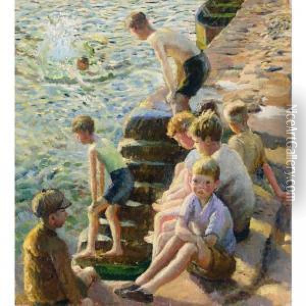 Boys Bathing Oil Painting - Harvey Harold