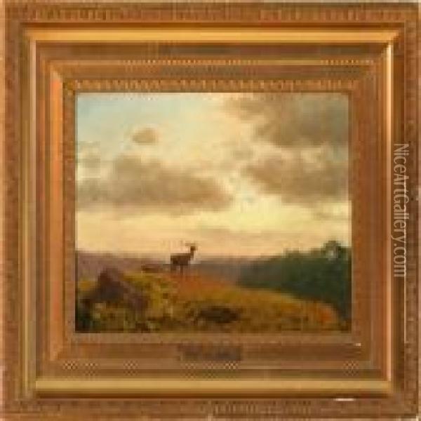 Evening Atmosphere With Red Deer In A Hilly Landscape Oil Painting - Carl Henrik Bogh