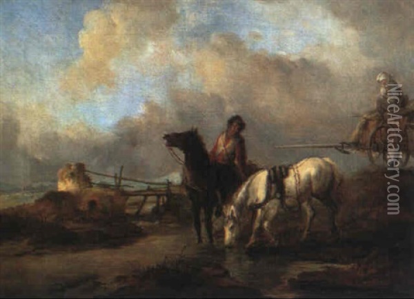 Pferde And Der Traenke Oil Painting - Julius Noerr