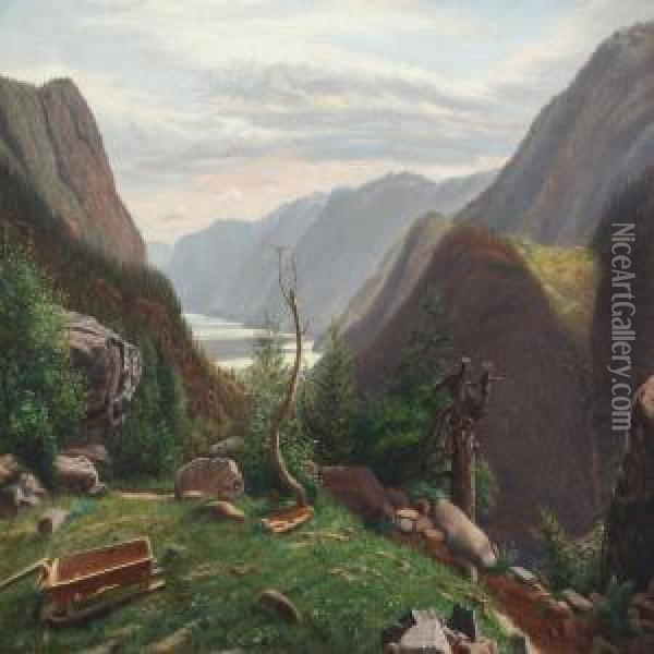 Mountainscenery With A View Of The Sea Oil Painting - Eiler Rasmussen-Eilersen