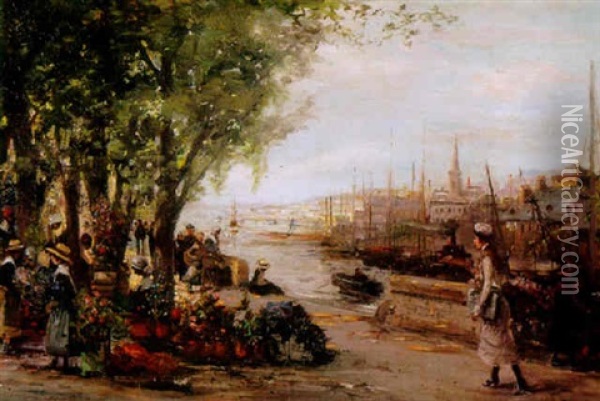 A Busy French Market Scene By A River With A Young Lady In The Foreground Oil Painting - Louis Abel-Truchet