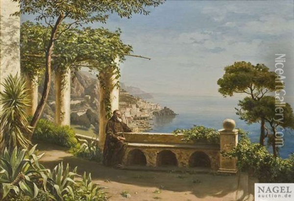 Monch Auf Der Terrasse Des Kapuzinerklosters, Im Hintergrund Die Bucht Von Amalfi Oil Painting - Marie Ertl