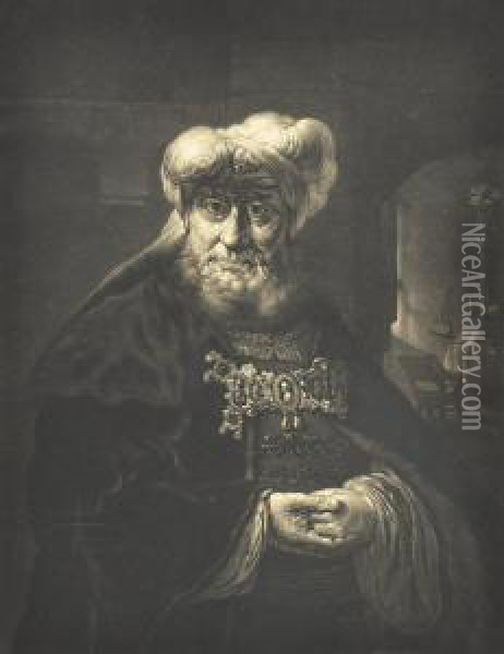 A Mezzotint After Rembrandt Depicting King Uzziah, Published By John Boydell, London, Ca Oil Painting - William Pether