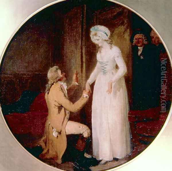 Young Marlow and Miss Hardcastle, scene from She Stoops to Conquer by Oliver Goldsmith, 1791 Oil Painting - Francis Wheatley