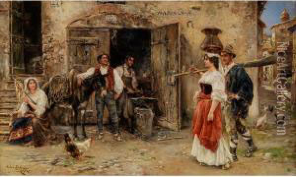 Vor Der Schmiede Von Mascalcia - Die Dorfsch Oil Painting - Juan Pablo Salinas Y Teruel