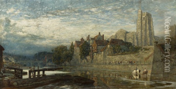 Cathedral Town On The River Oil Painting - Albert Goodwin