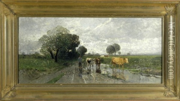 Auf Dem Heimweg - Hirte Mit Kuhen In Einer Dachauer Regenlandschaft Oil Painting - Richard Von Poschinger