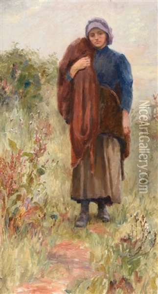 Fisher Girl Standing On Headland Oil Painting - Isa Jobling