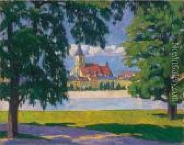 Town By The River Bank Oil Painting - Gyula Kosztolanyi Kann