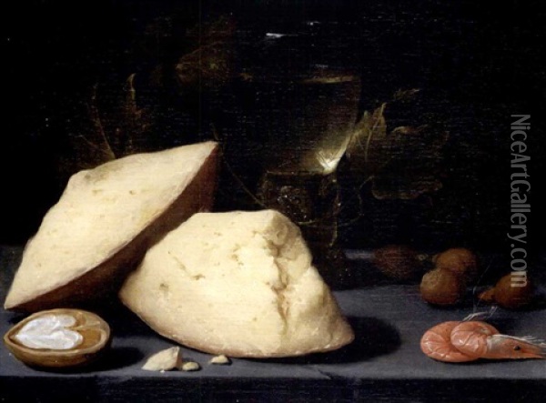 Still Life Of Cheese, A Roemer Of Wine, A Walnut, Hazelnuts And Two Shrimps On A Table-top Oil Painting - Jacob Fopsen van Es