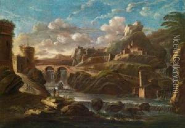 Eine Felsige Landschaft Miteinem Kastell Oil Painting - Pietro Montanini