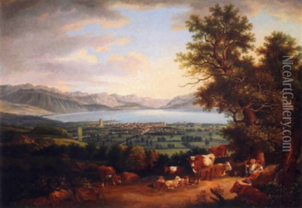 Le Lac Leman, Vue De Vevey Oil Painting - Johann Ludwig Aberli