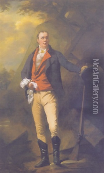 Portrait Of John Cuninghame, 13th Laird Of Craigends, Standing, Wearing A Dark Coat And Holding A Shot Gun Oil Painting - Sir Henry Raeburn