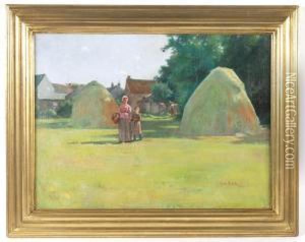 Haystacks With Figures Oil Painting - Otto Stark