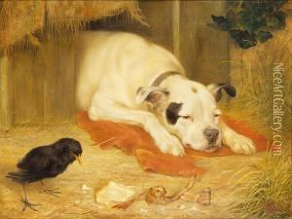 'a Bone Of Contention' Oil Painting - Herbert William Weekes