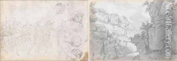 Recto: View Of A Road Passing 
Through Rocky Cliffs; Verso: Dancing Maidens And Studies Of Their Heads Oil Painting - Jacques Louis David
