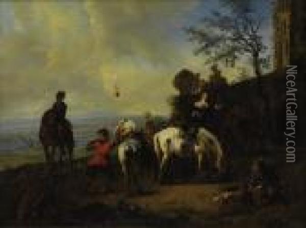 Italianate Landscape With Figures Preparing For A Hunt Oil Painting - Nicolaes Berchem