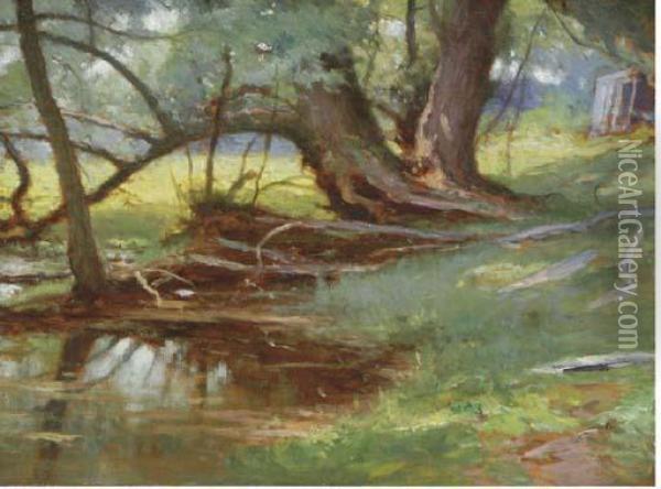 A Quiet Brook In A Wooded Landscape; And A Companion Painting Oil Painting - William Henry Howe