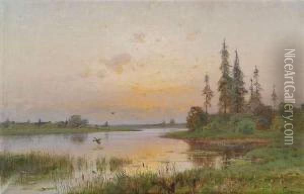 Extensivelandscape At A Lake At Sunset. Oil Painting - Semyon Platonov