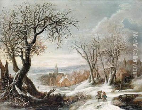 A Winter Landscape With Peasants, A Village Beyond Oil Painting - Gijsbrecht Leytens