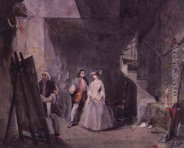 Interior of an artist's studio with figures in 18th century costume Oil Painting - George Cattermole