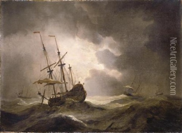 A Merchantman In A Storm, Three Other Ships On The Horizon (collab. W/studio) Oil Painting - Willem van de Velde III