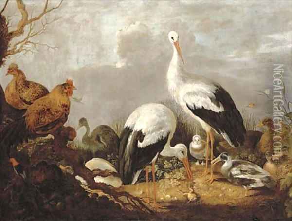Storks, mallards, chickens, a heron, a frog and other birds in a river landscape Oil Painting - Gijsbert Gillisz. de Hondecoeter
