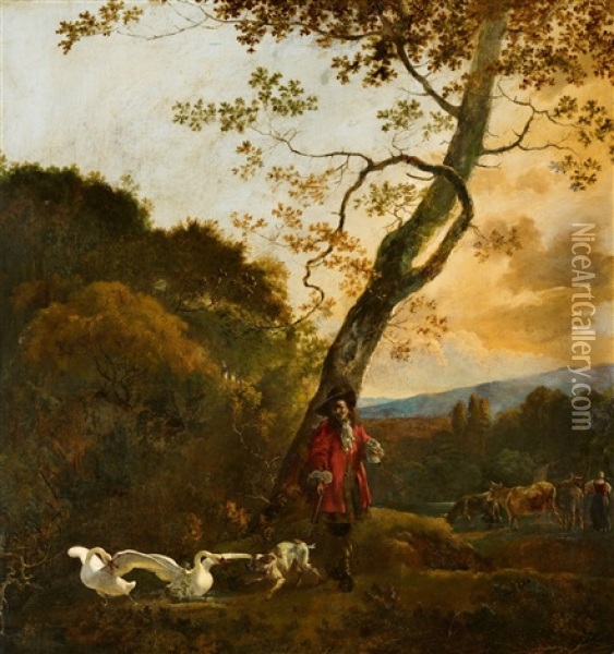Hunter With A Dog Attacking Two Swans Oil Painting - Abraham Danielsz Hondius
