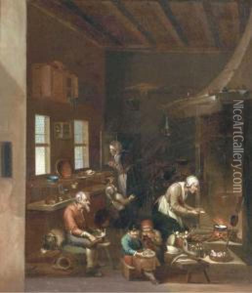 A Woman Frying Pancakes On An Open Fire, Children Eating And Otherfigures Preparing Food In A Kitchen Oil Painting - Anthonie Victorijns