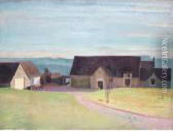 Sunlit View Of The Barn At Iles Farm Oil Painting - William Rothenstein